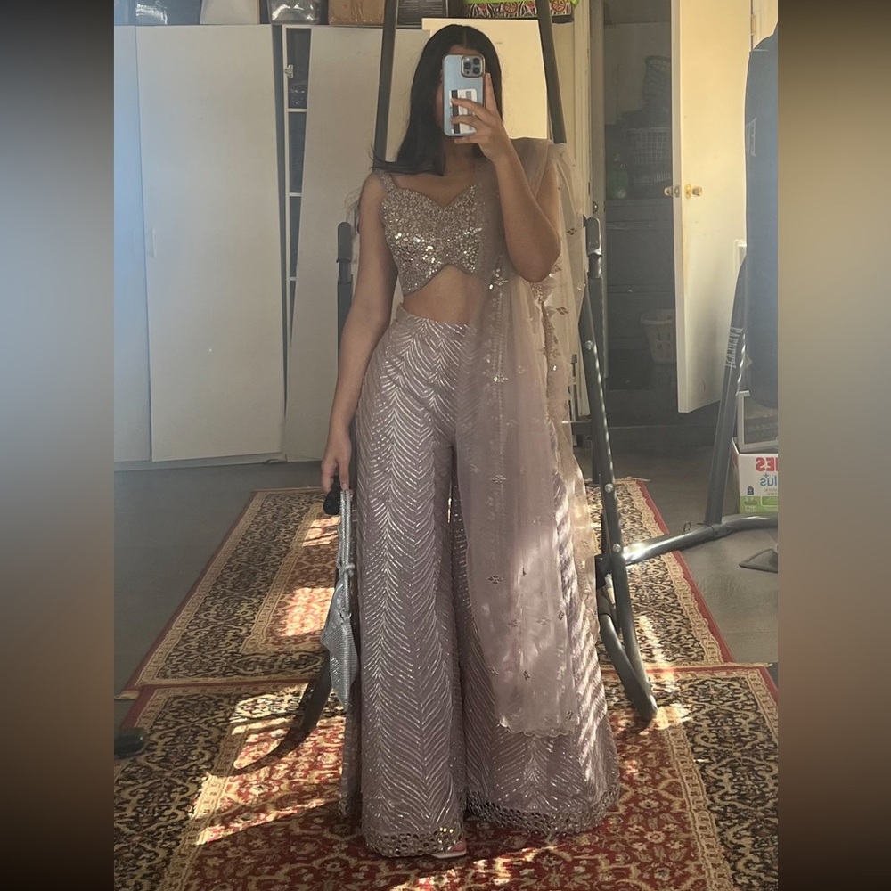 Indian pakistani pant and top lavender set, wedding wear lehenga sharara gharara
